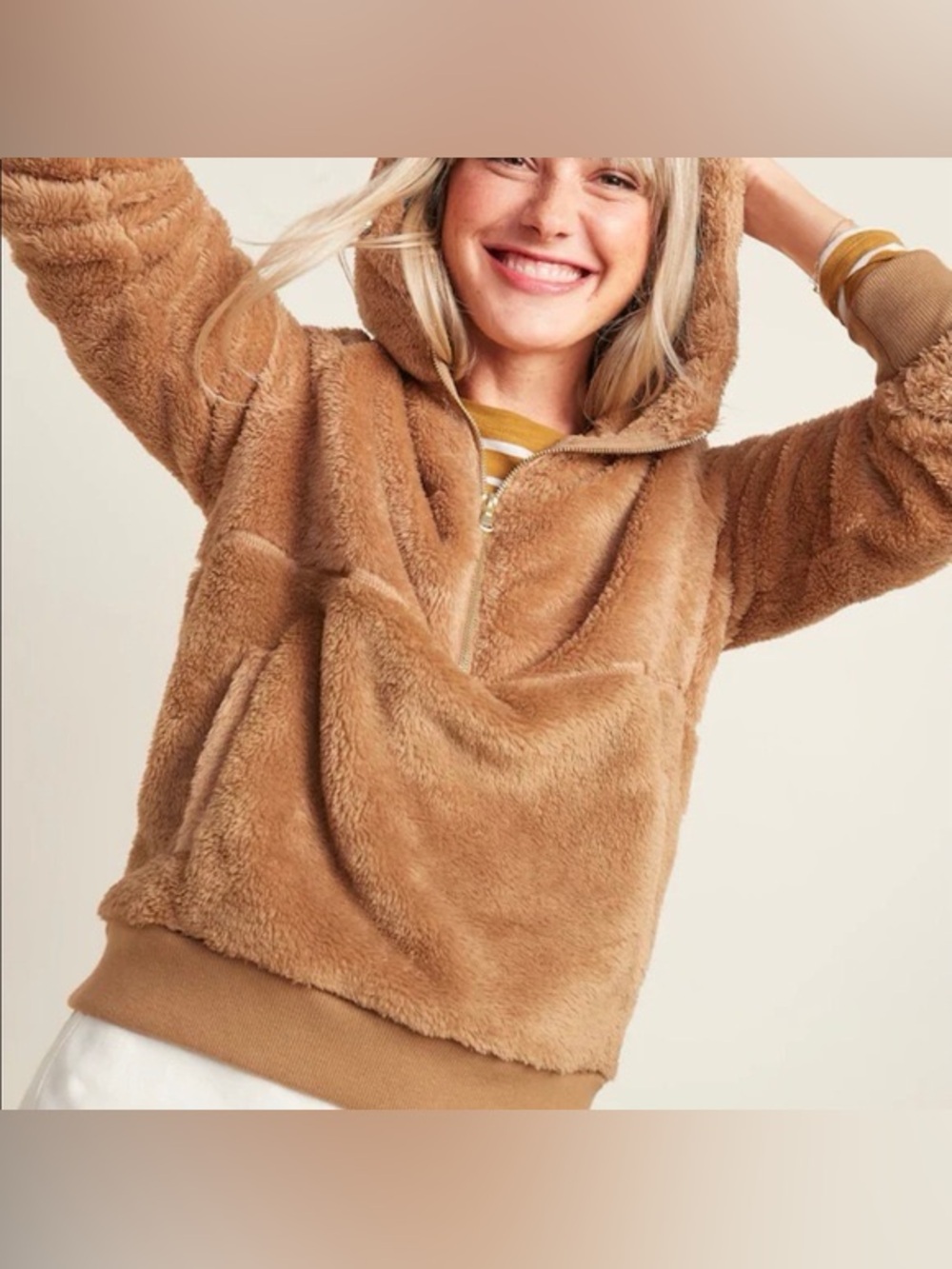 Cozy Teddy Sherpa Half-Zip Hoodie in Tan/Camel